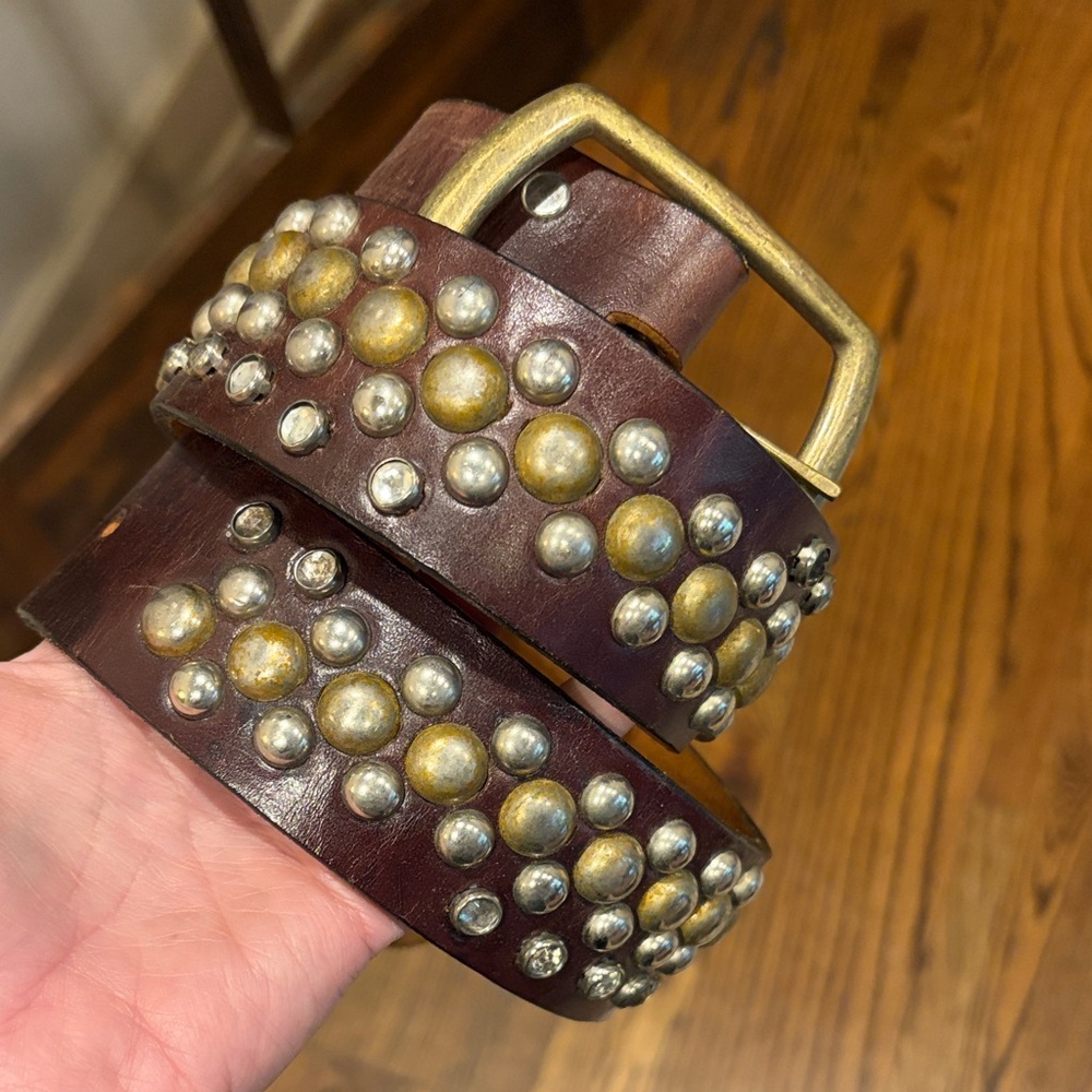 Studded Brown Leather Belt with Brass Buckle